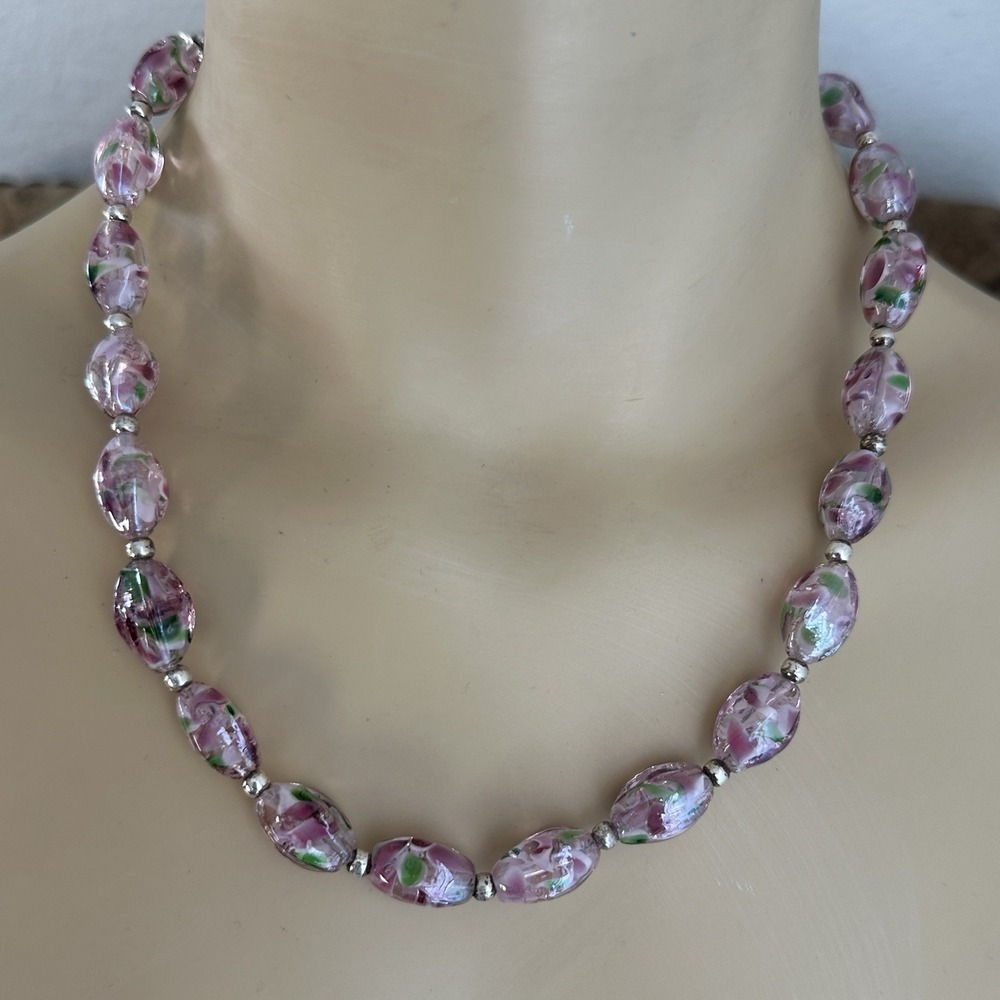 VTG Artisan Beaded Necklace 20 Inch Lamp Work Art Glass Pink  925 Sterling 44.5g